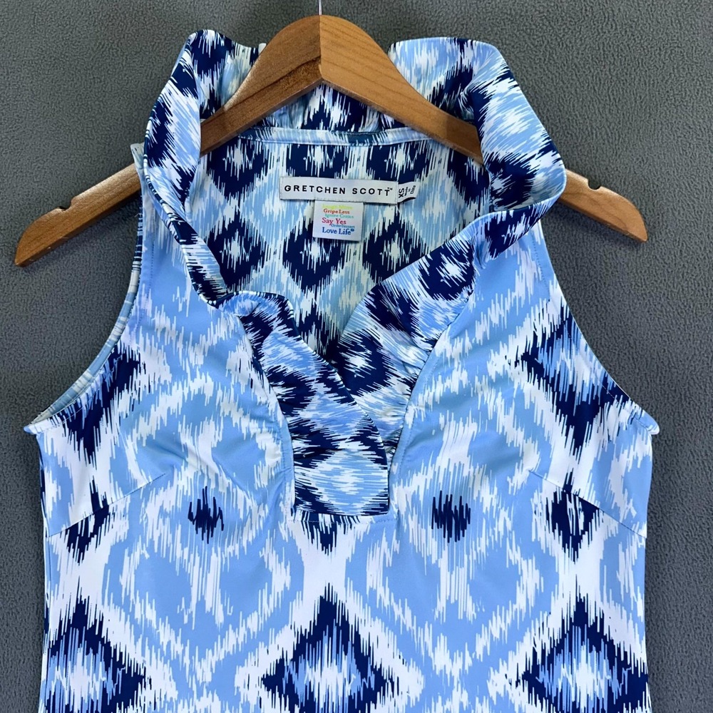Gretchen Scott Dress Women XS Blue Kitt Ikat Shift Ruffneck Resort Luxury Prep